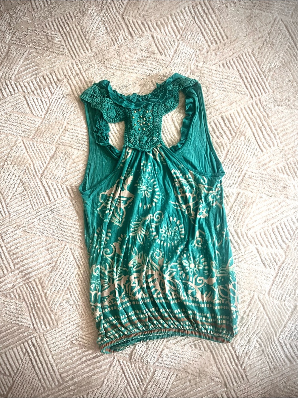 Boutique Teal boho Sleeveless Crochet-Back Women's Tank Top - Picture 3 of 4